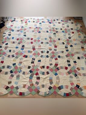 Antique NY Double Wedding Ring Patchwork Quilt 90x88.5
